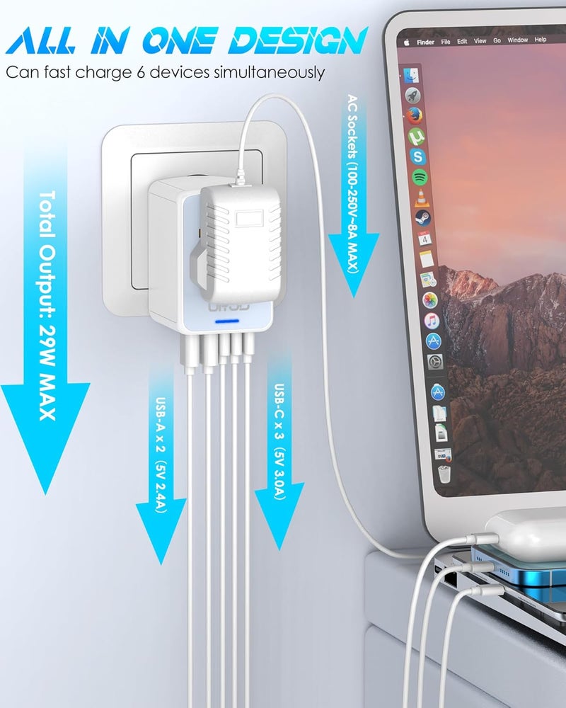 URJD Universal Travel Adapter, 6.0A 5 USB Ports (3 USB C) & 2500W AC Outlet, International Power Plug Adapter Worldwide Travel Wall Charger Multi Plug for Europe UK US AUS (Type C/G/A/I, White) - Image 2
